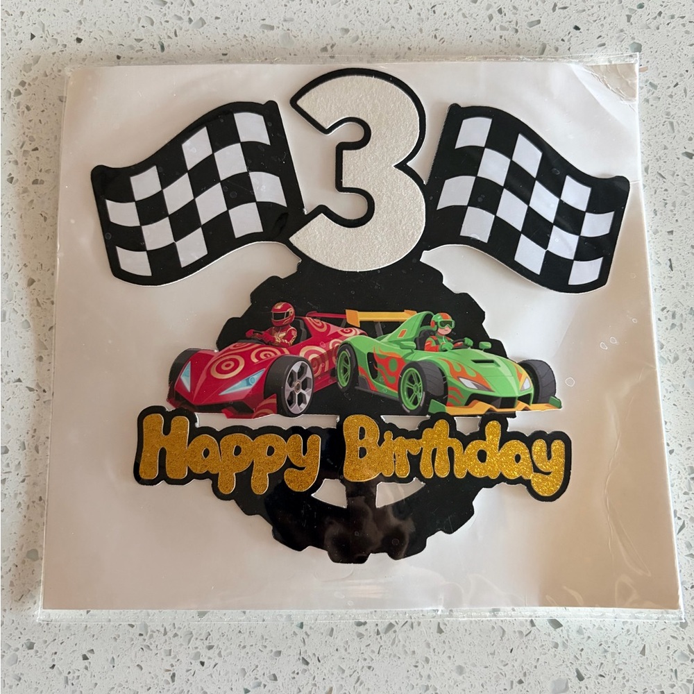Racing Car 3rd Birthday Cake Topper - Black, White, Gold Glitter